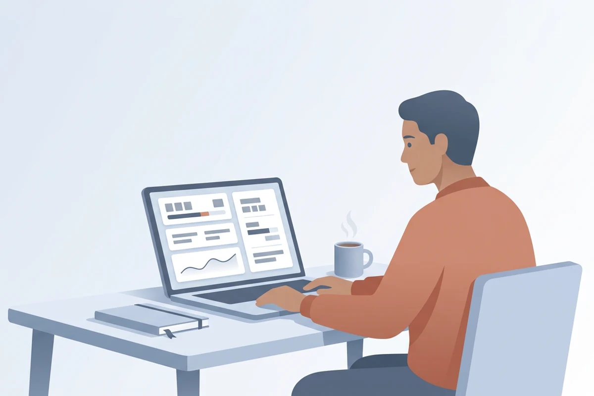 Illustration of a person at a desk comparing mortgage, budget, and utility results on a laptop